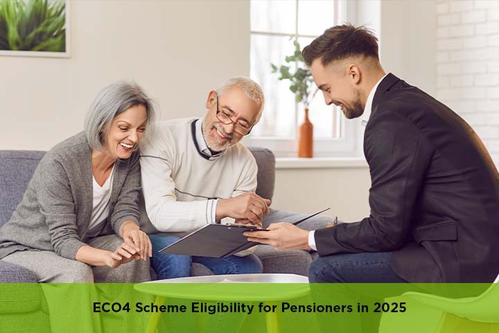 Pensioner reading ECO4 scheme papers at home, showing eligibility for central heating and energy-saving grants