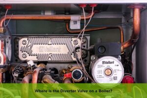 Close-up view of a boiler diverter valve location with labeled parts for UK heating systems