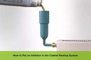 Person adding inhibitor liquid to a central heating system with radiator valve open