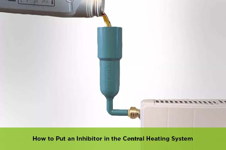 Person adding inhibitor liquid to a central heating system with radiator valve open